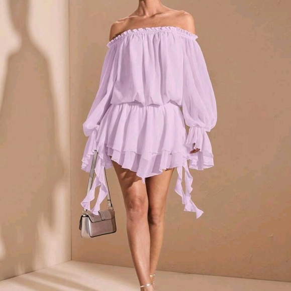Elegant & Sweet French Style Solid White Off Shoulder Long Sleeve Shirt Dress - Picture 1 of 5